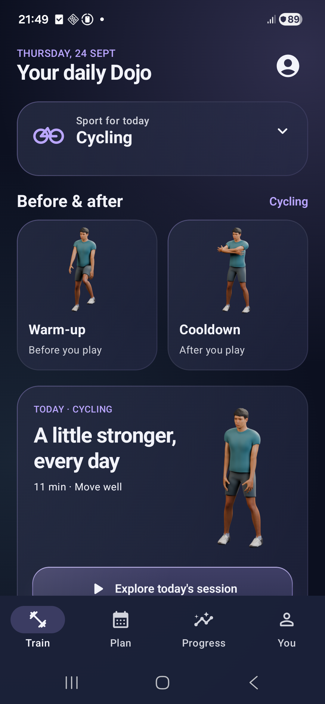 SportDOJO's daily Dojo screen showing Cycling warm-up, cooldown and today's session