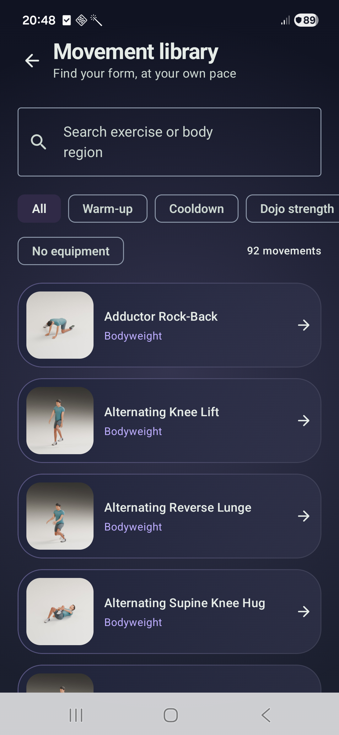 SportDOJO movement library with exercise search, filters and bodyweight demonstrations